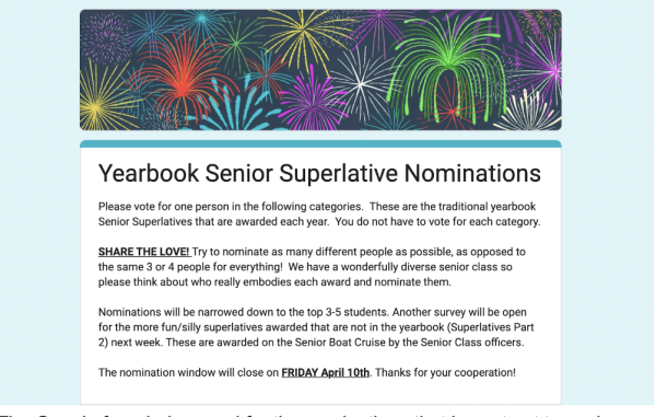 The Google form being used for the nominations that is sent out to seniors.
